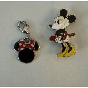 Disney Minnie Icon Dangle Charm Bow Zipper Hanger & Minnie Mouse Pin Brooch Both